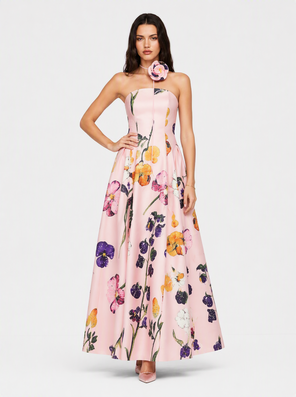 Zephrina Vionette floral satin maxi dress in pink