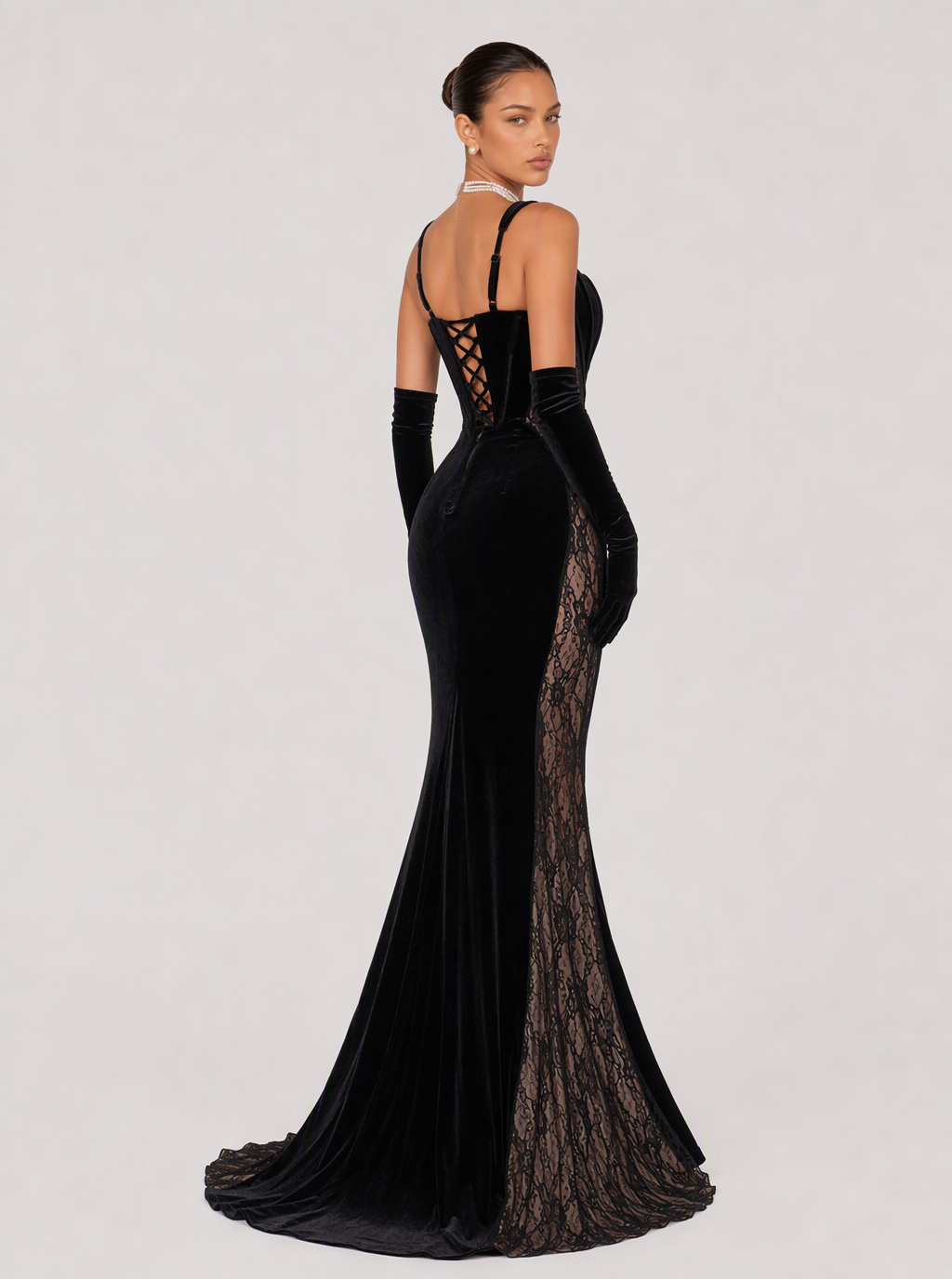 Zephrina Odile velvet lace-panel mermaid gown in black