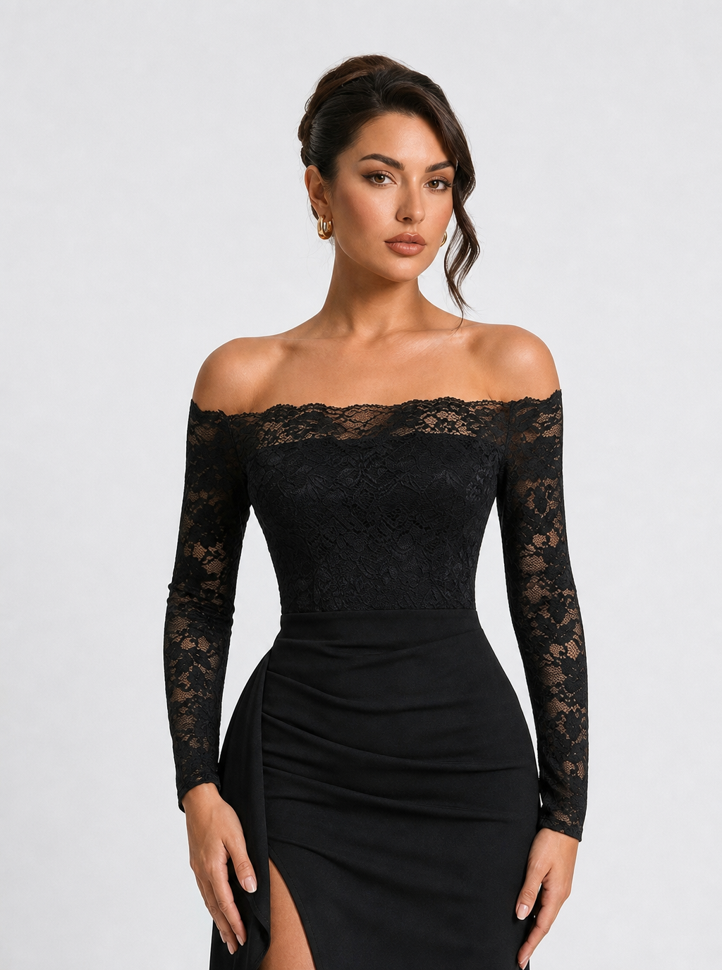 Zephrina Liora off-shoulder lace maxi dress in black