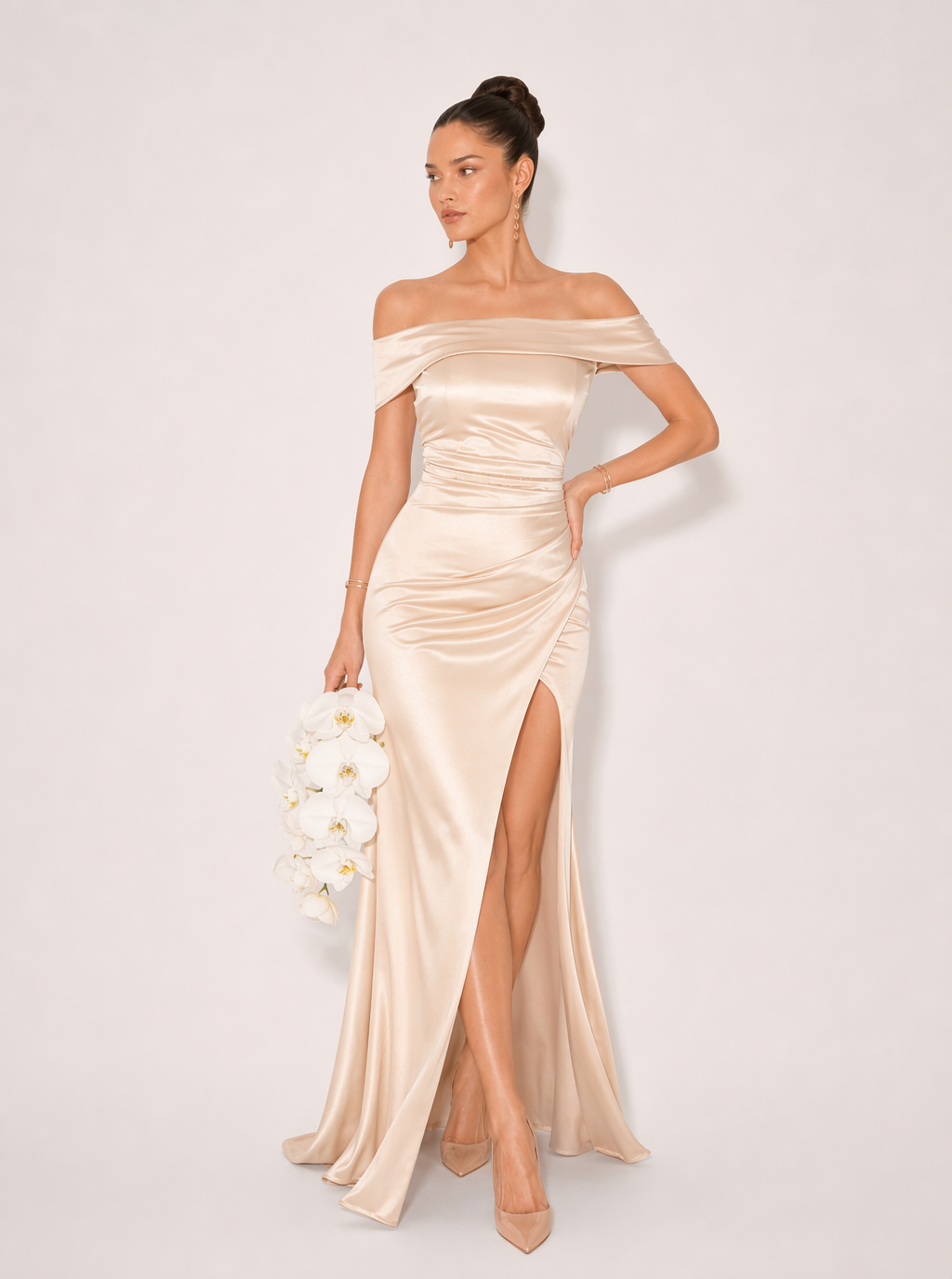 Zephrina off-shoulder satin-look slit maxi dress in navy