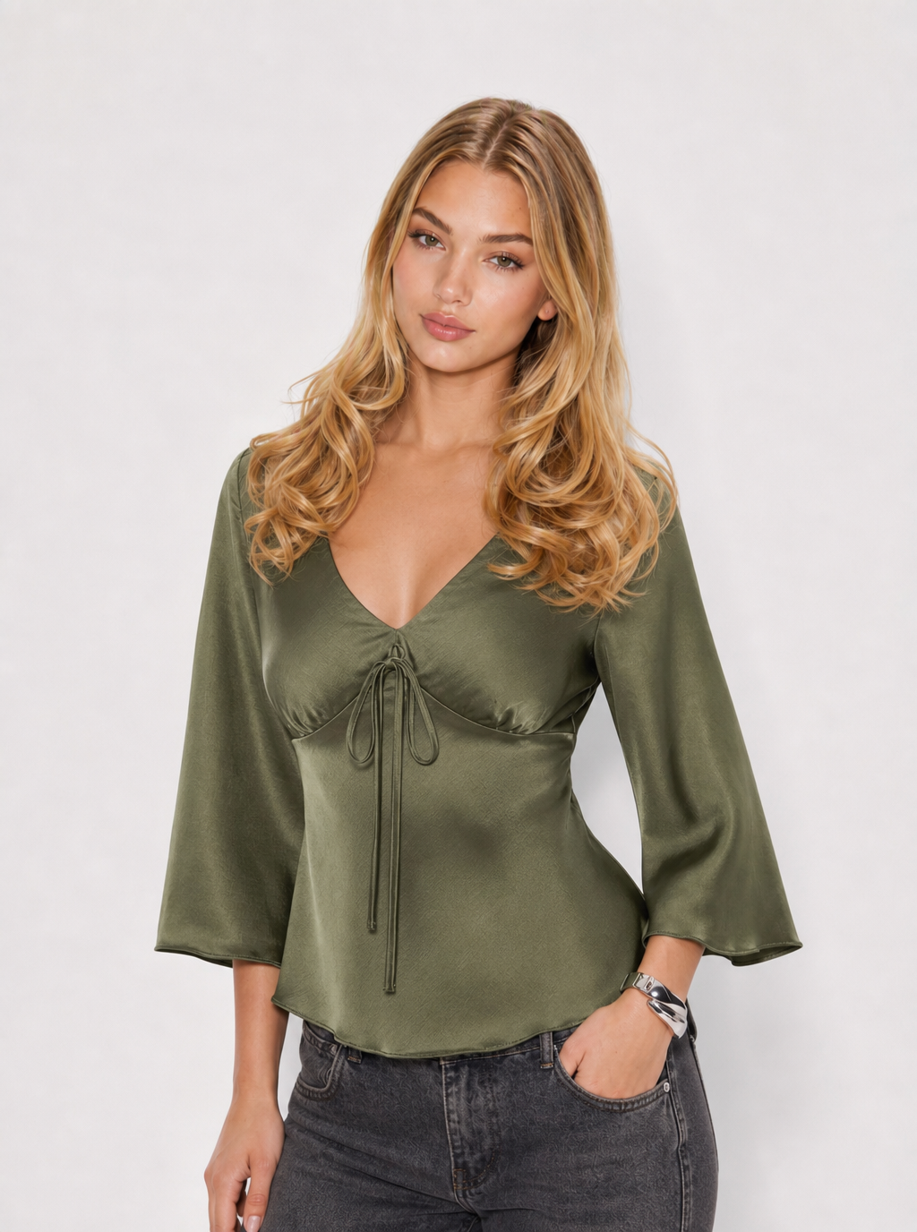 Zephrina Saskia tie-front satin blouse in green