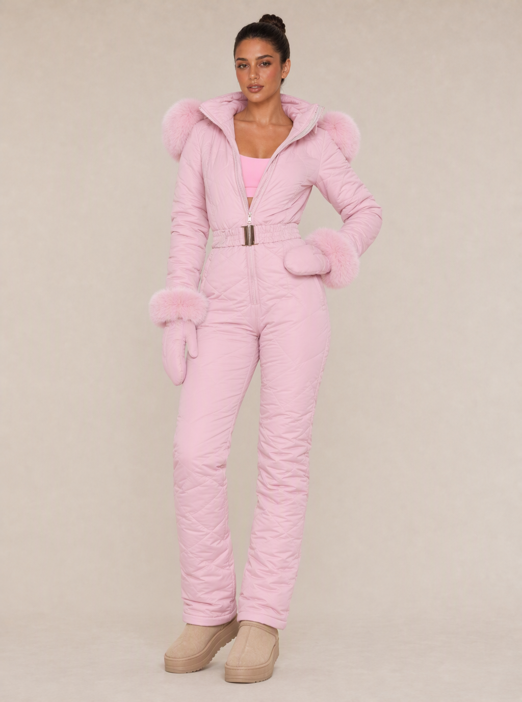 Zephrina Eydis plush-trim quilted one-piece ski suit in pink