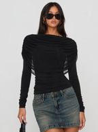 Zephrina Noelle ruched mesh long sleeve top in black