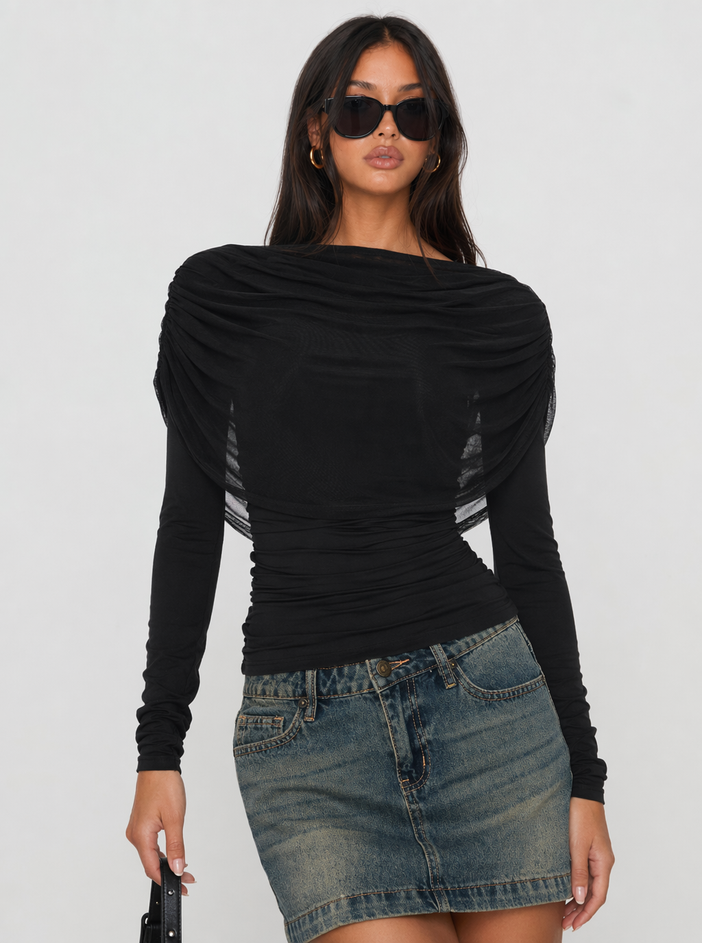 Zephrina Noelle ruched mesh long sleeve top in black