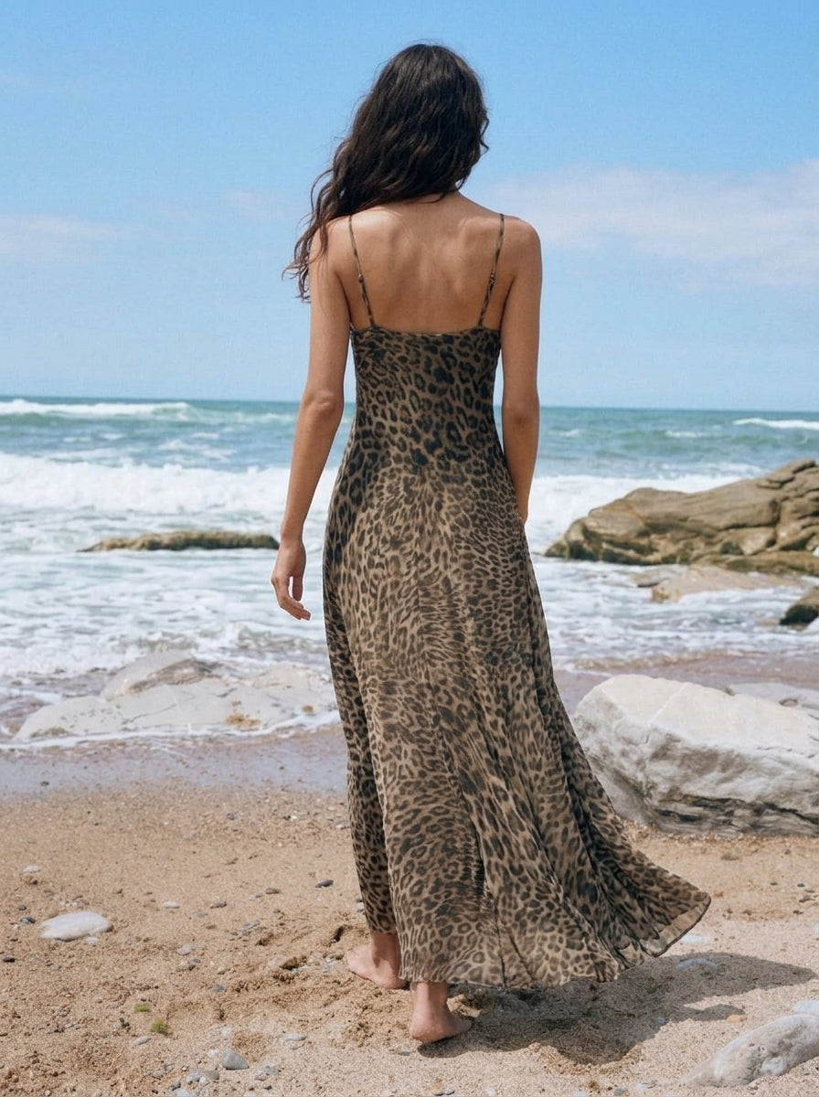 Zephrina Nerea leopard mesh midi dress in brown