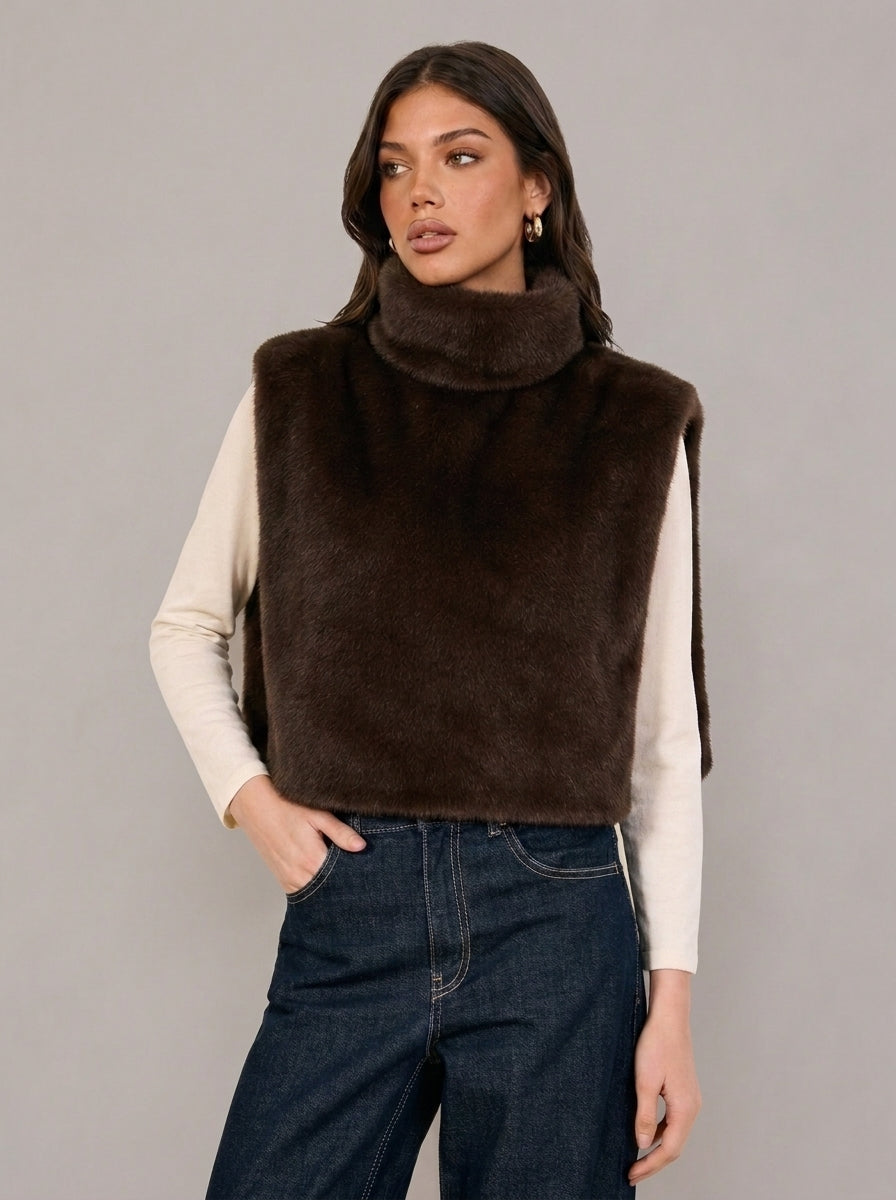 Zephrina Lilibet sleeveless faux fur coat in coffee high-low