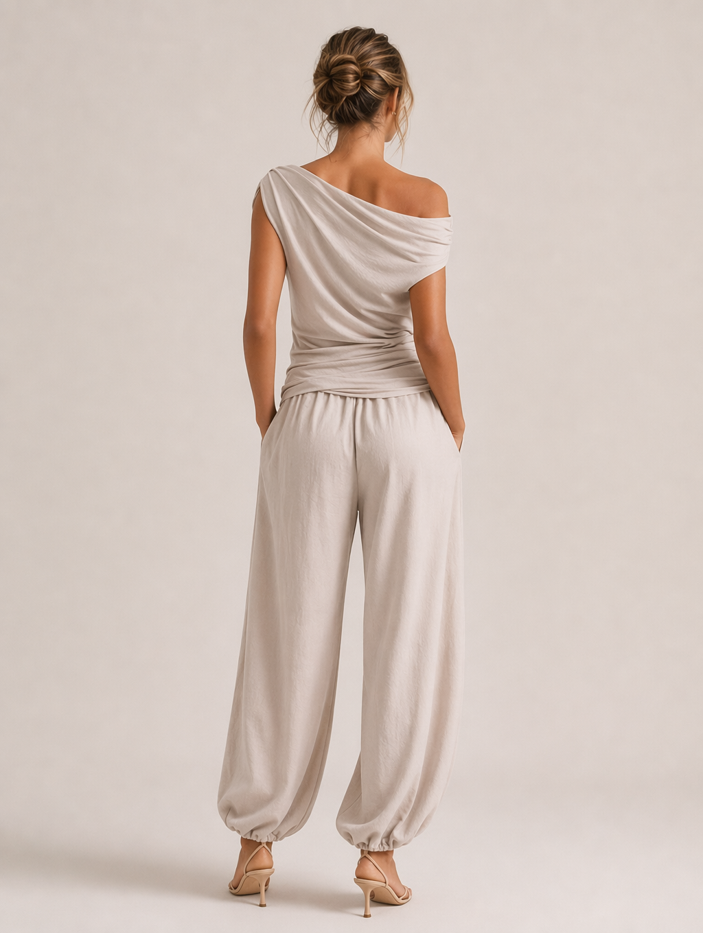 Off-the-shoulder Ruffled Top & Elasticated Jogger Pants Set