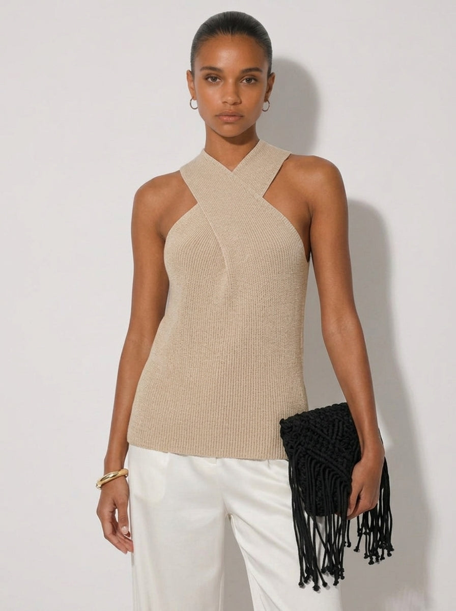 Zephrina Ondine cross halter knit top in khaki