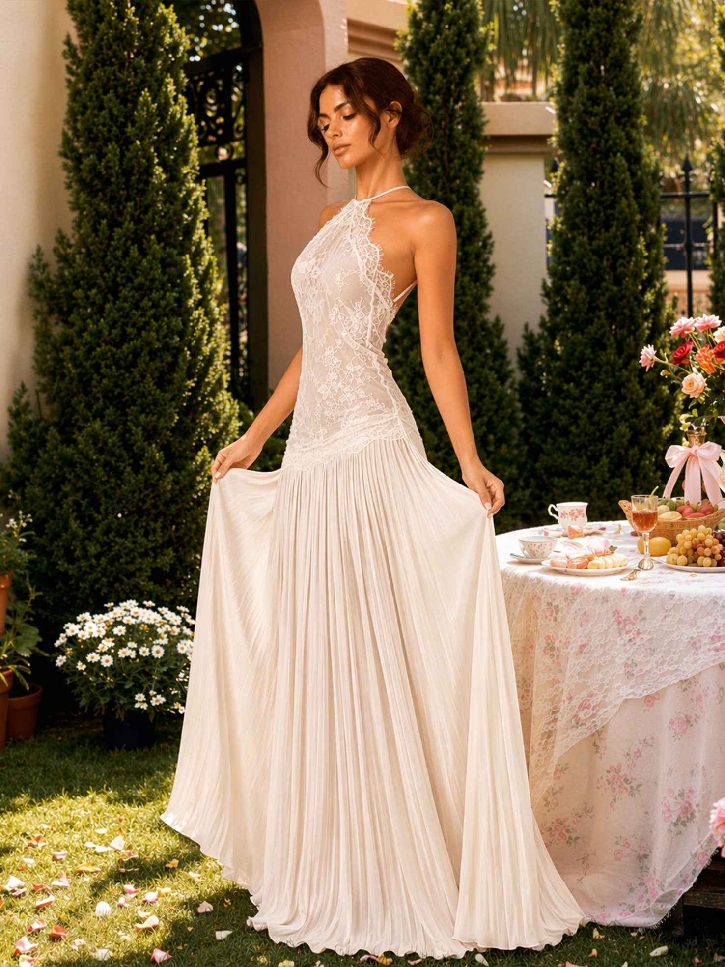 Zephrina Apricot Halter Lace Maxi Wedding Dress