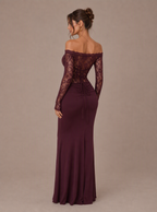 Zephrina Annelore off-shoulder lace-sleeve slit maxi dress