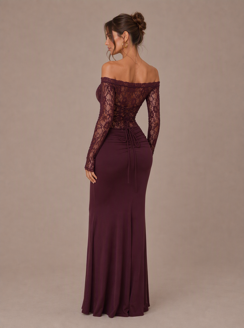 Zephrina Annelore off-shoulder lace-sleeve slit maxi dress