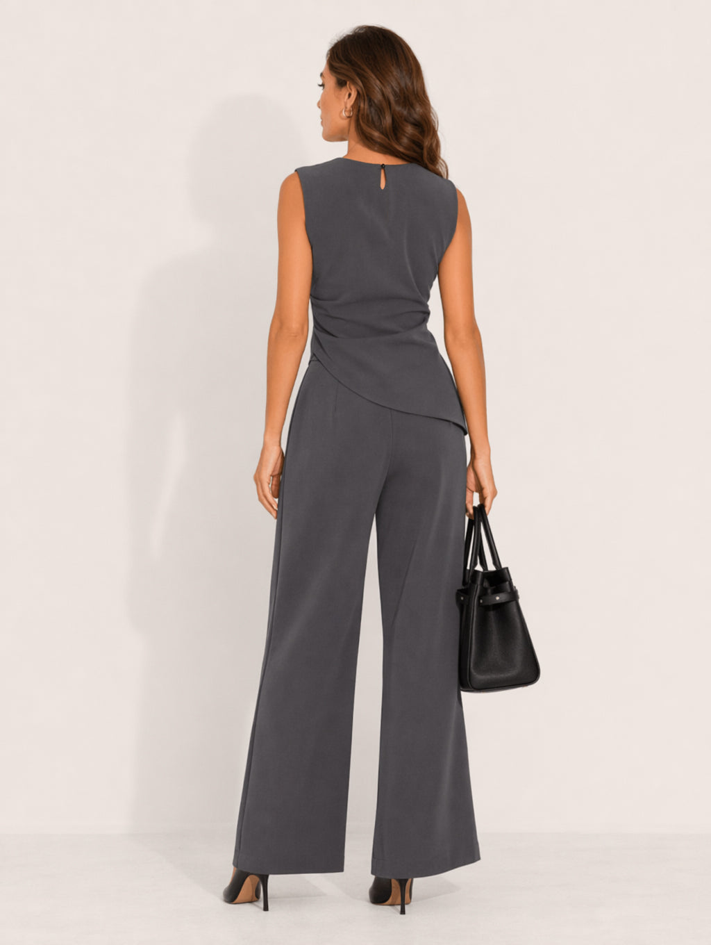 Grey Sleeveless Top and Wide-leg Trousers Suit