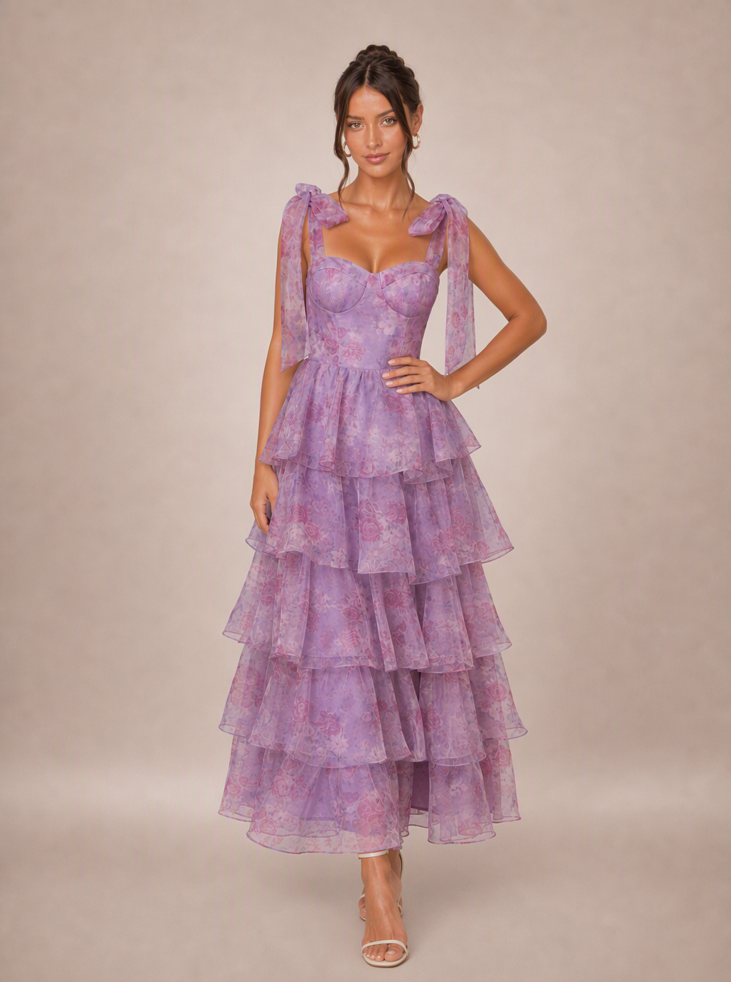 Zephrina Araminta bow-shoulder tiered maxi dress in light purple