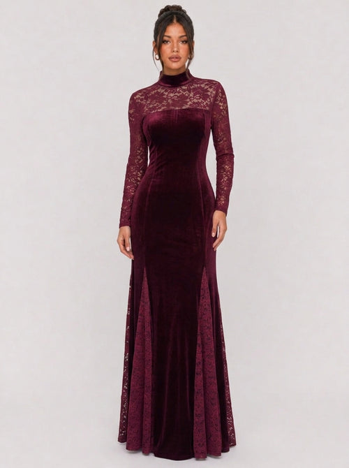 Zephrina Valeriane velvet lace maxi dress in burgundy