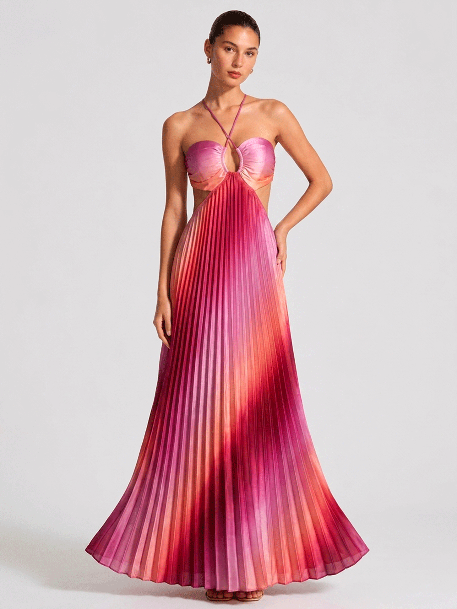 Rose-pink Ombre Satin Pleated Maxi Dress
