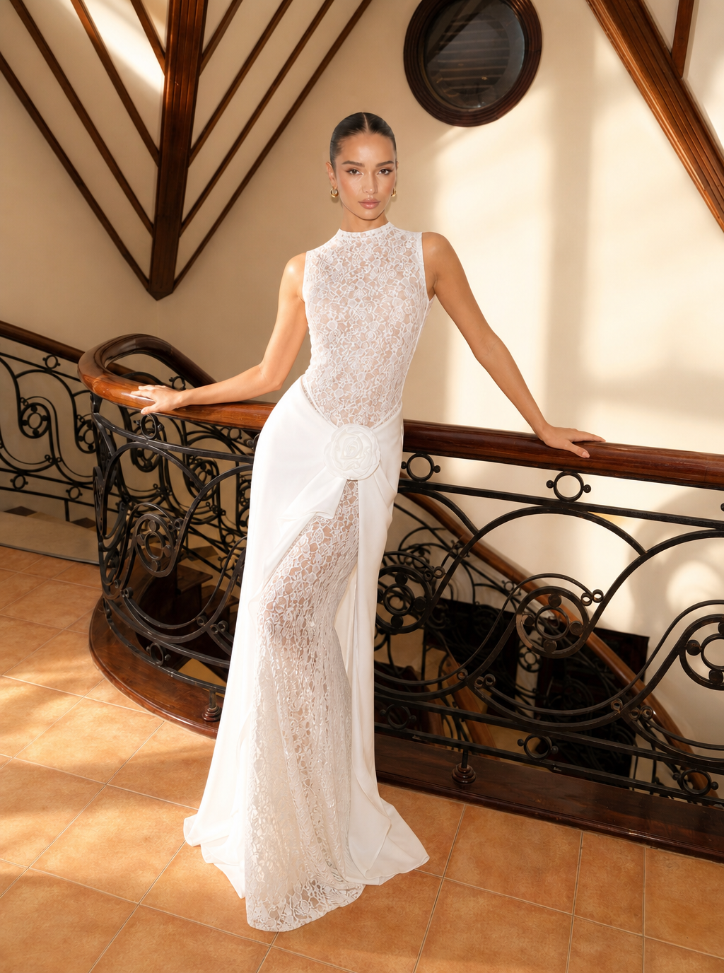 Isobel Rosette Lace-Panel Maxi Dress