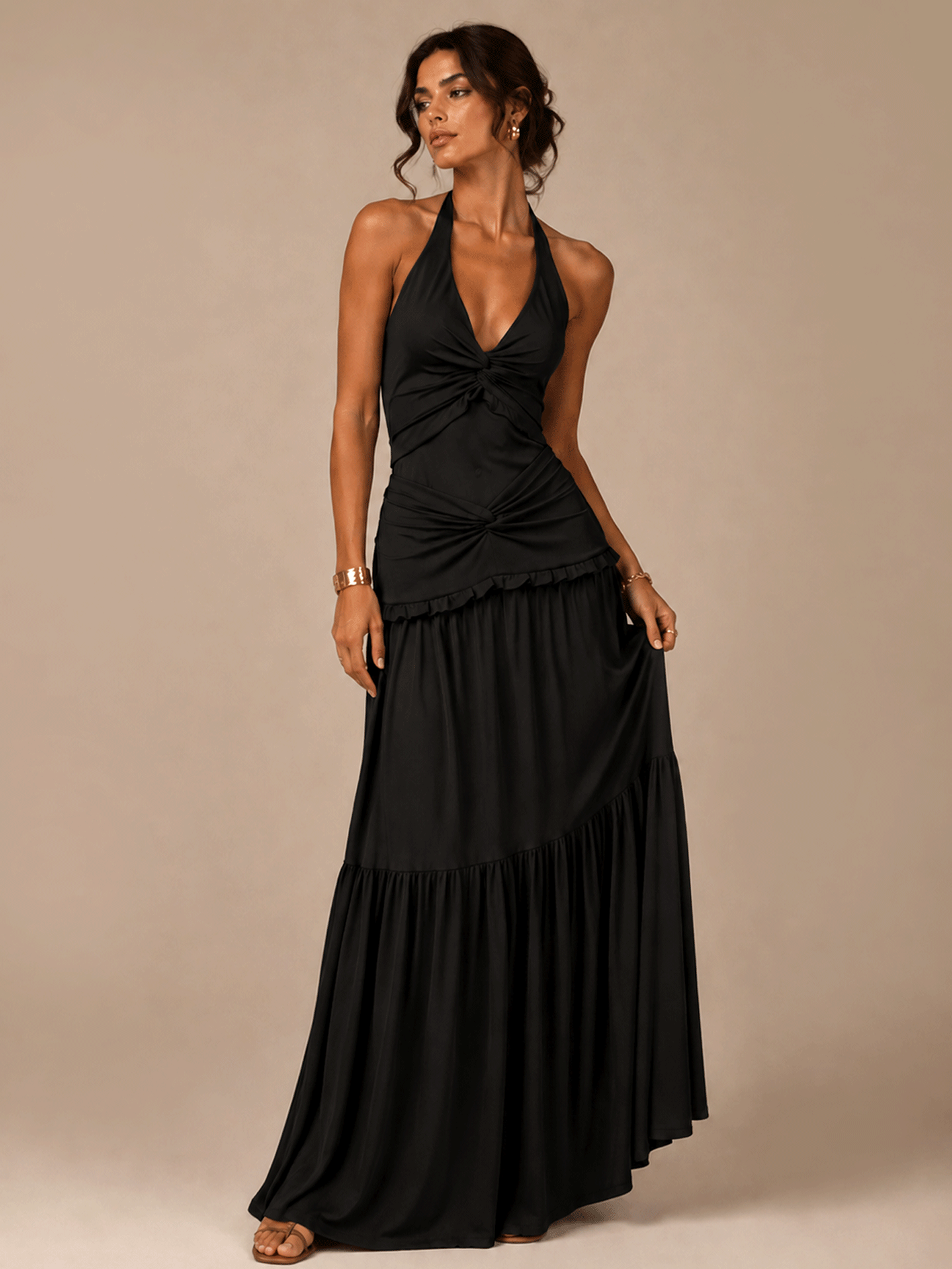 Draped Halter Open Back Maxi Dress