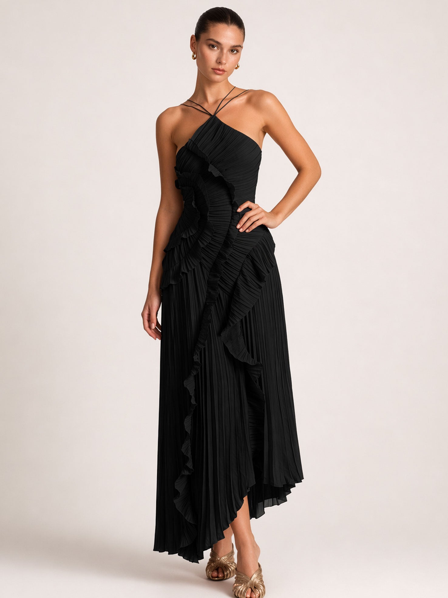 Pleated Halter  Ruffle Details Midi Dress