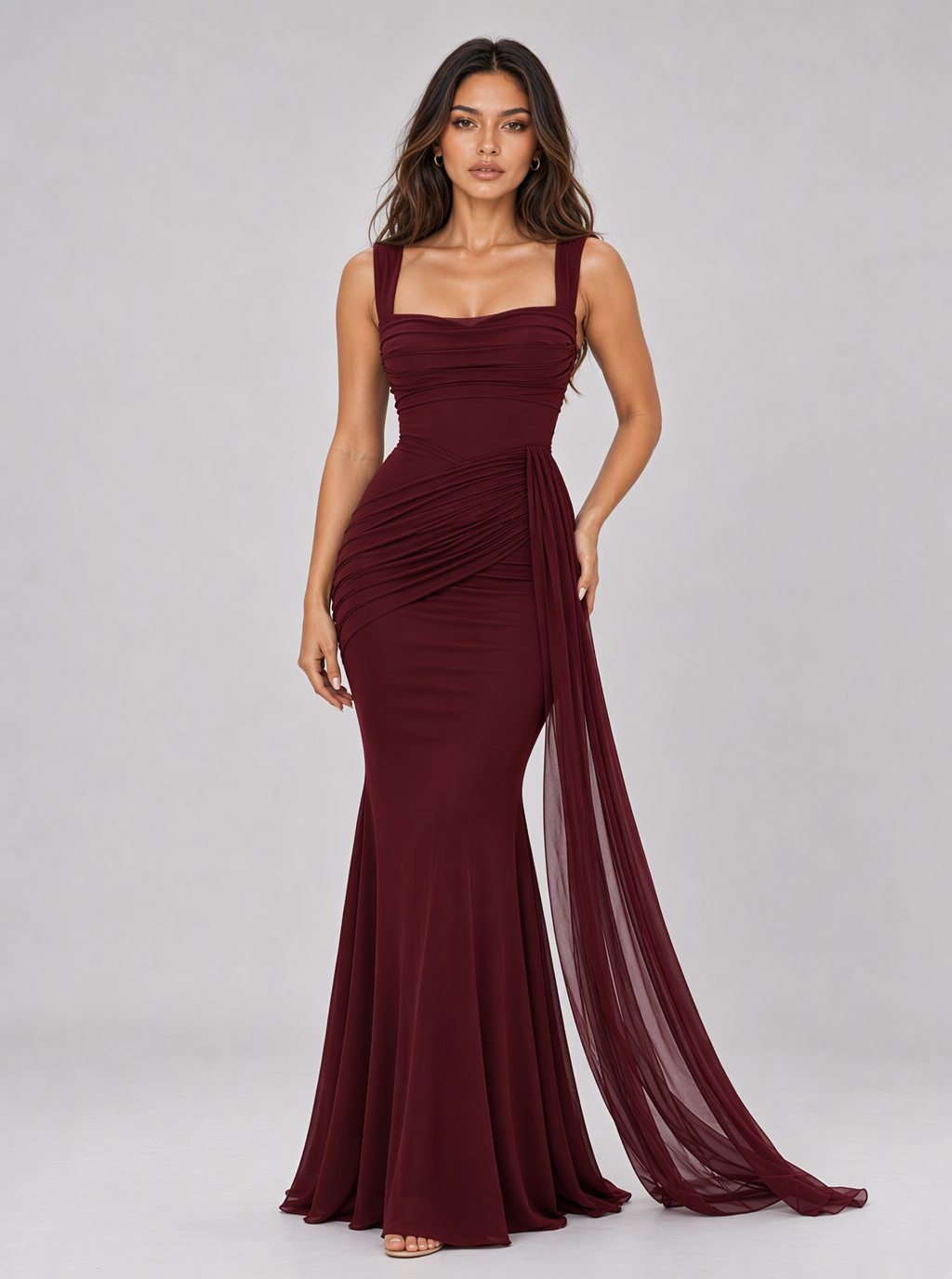 Maureen Ruched Mesh-Drape Maxi Dress