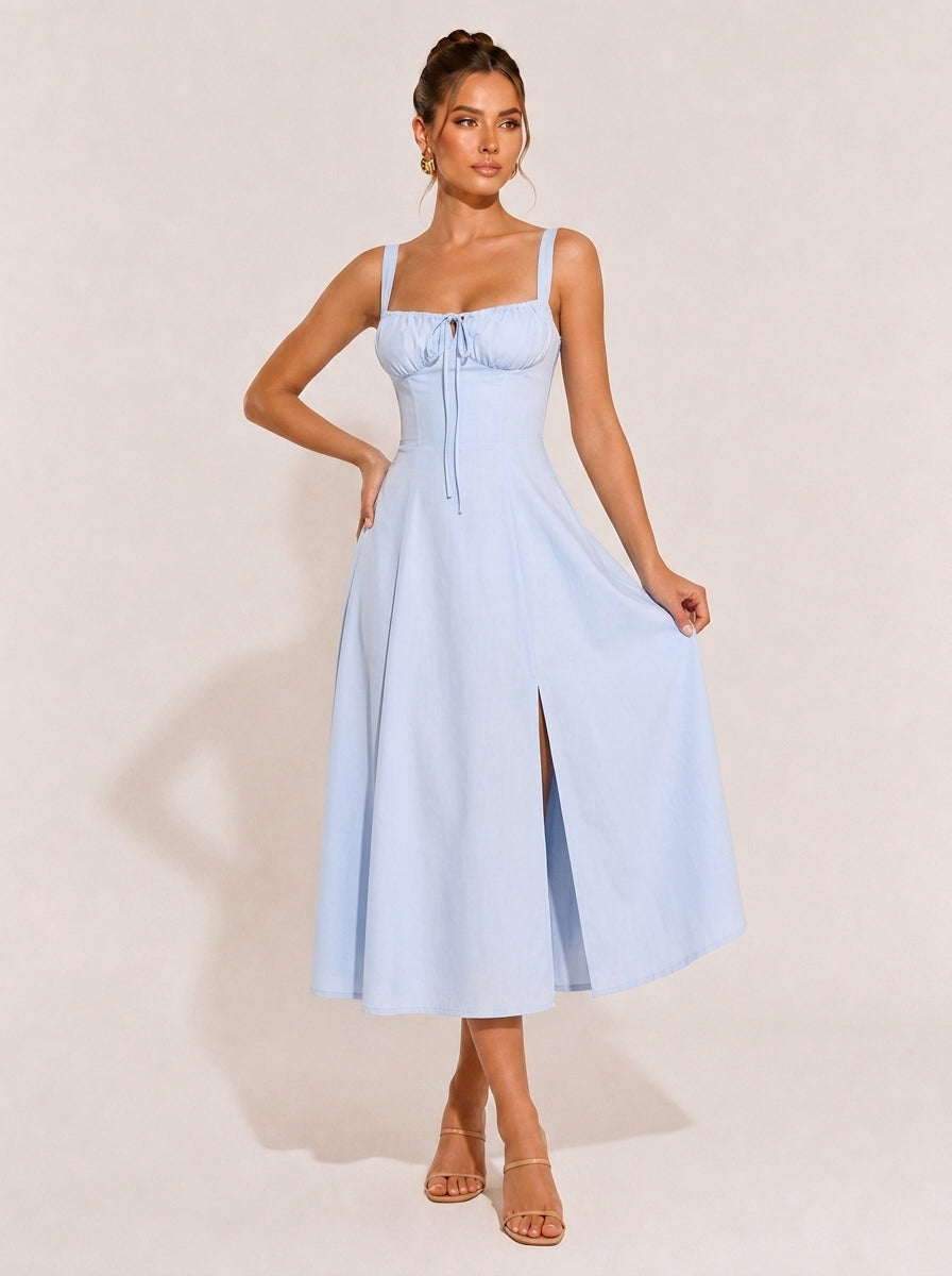Olivia Midi-Kleid mit Raffung und eckigem Ausschnitt