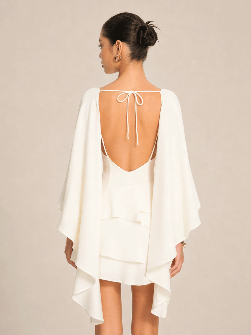 White Satin Ruffled Mini Dress with Shawl Panel Detail