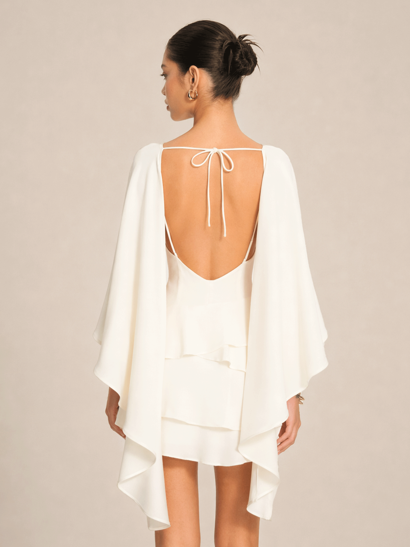 White Satin Ruffled Mini Dress with Shawl Panel Detail