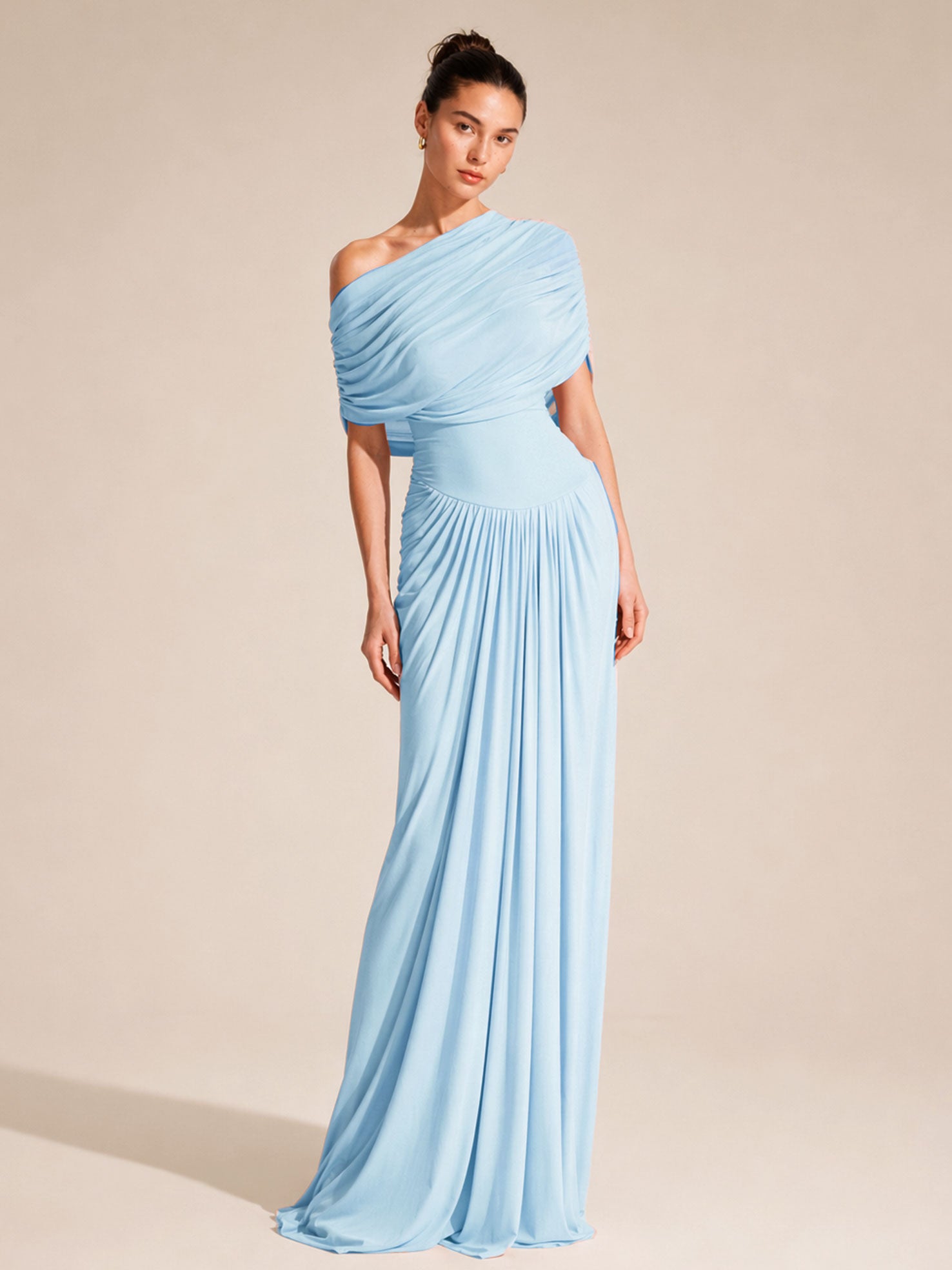 Elegant Draped Shoulder Ruched Maxi Dress