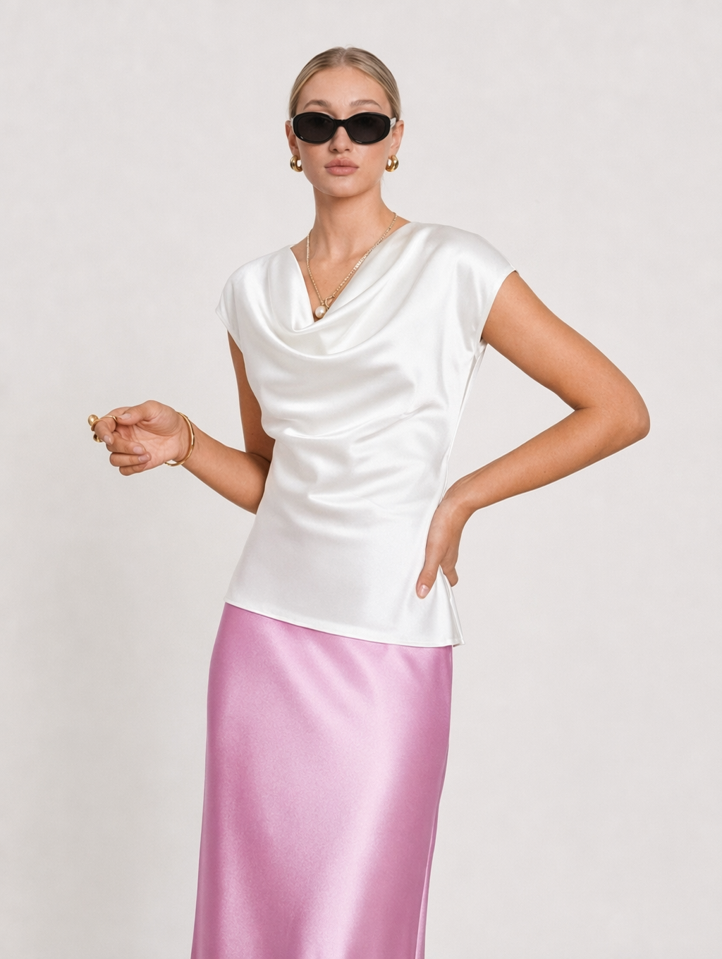 Elegant Acetate Satin Cowl Neck Top + Maxi Skirt Set