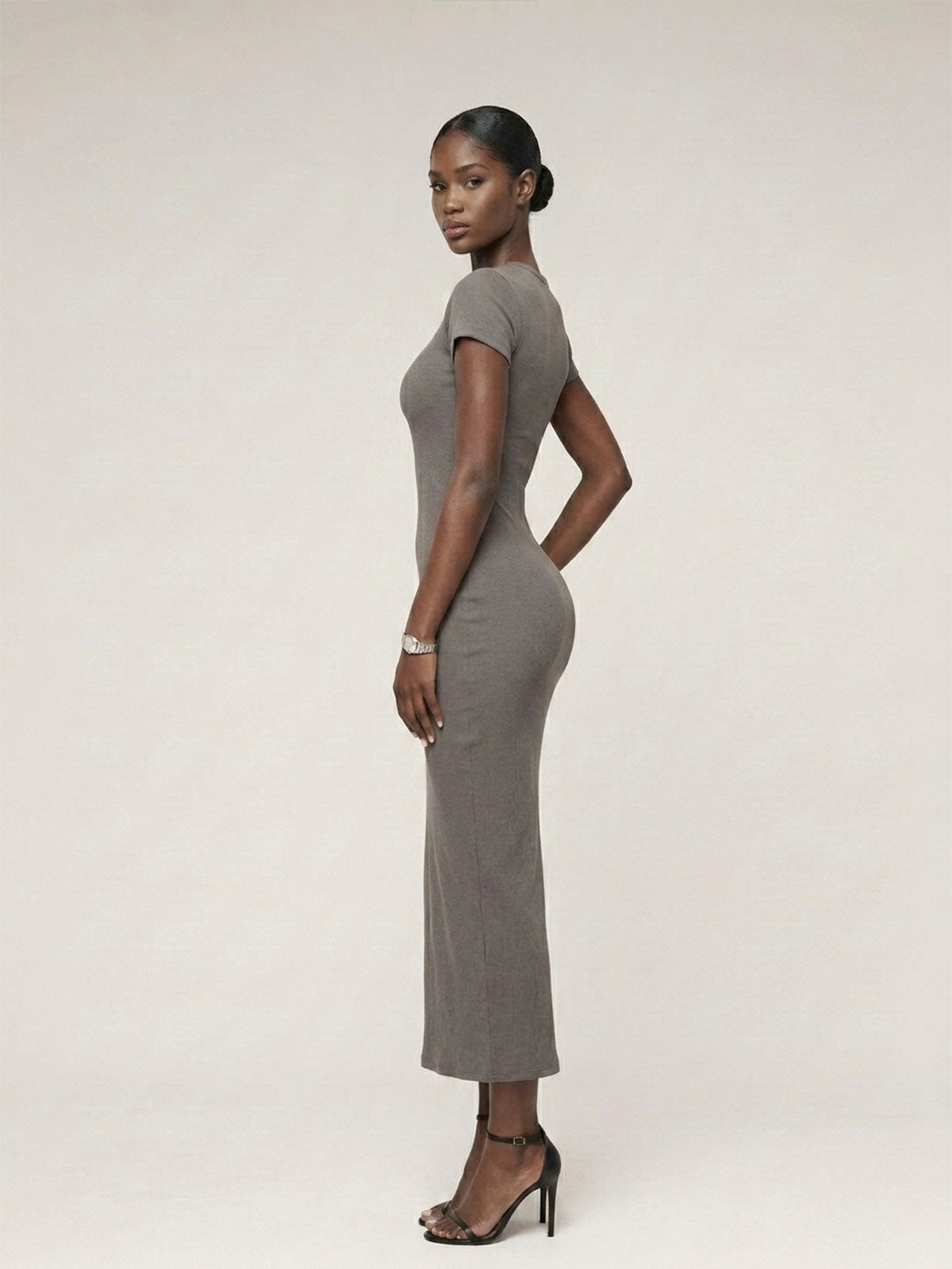 Fitted Crewneck Short-Sleeve Long Dress