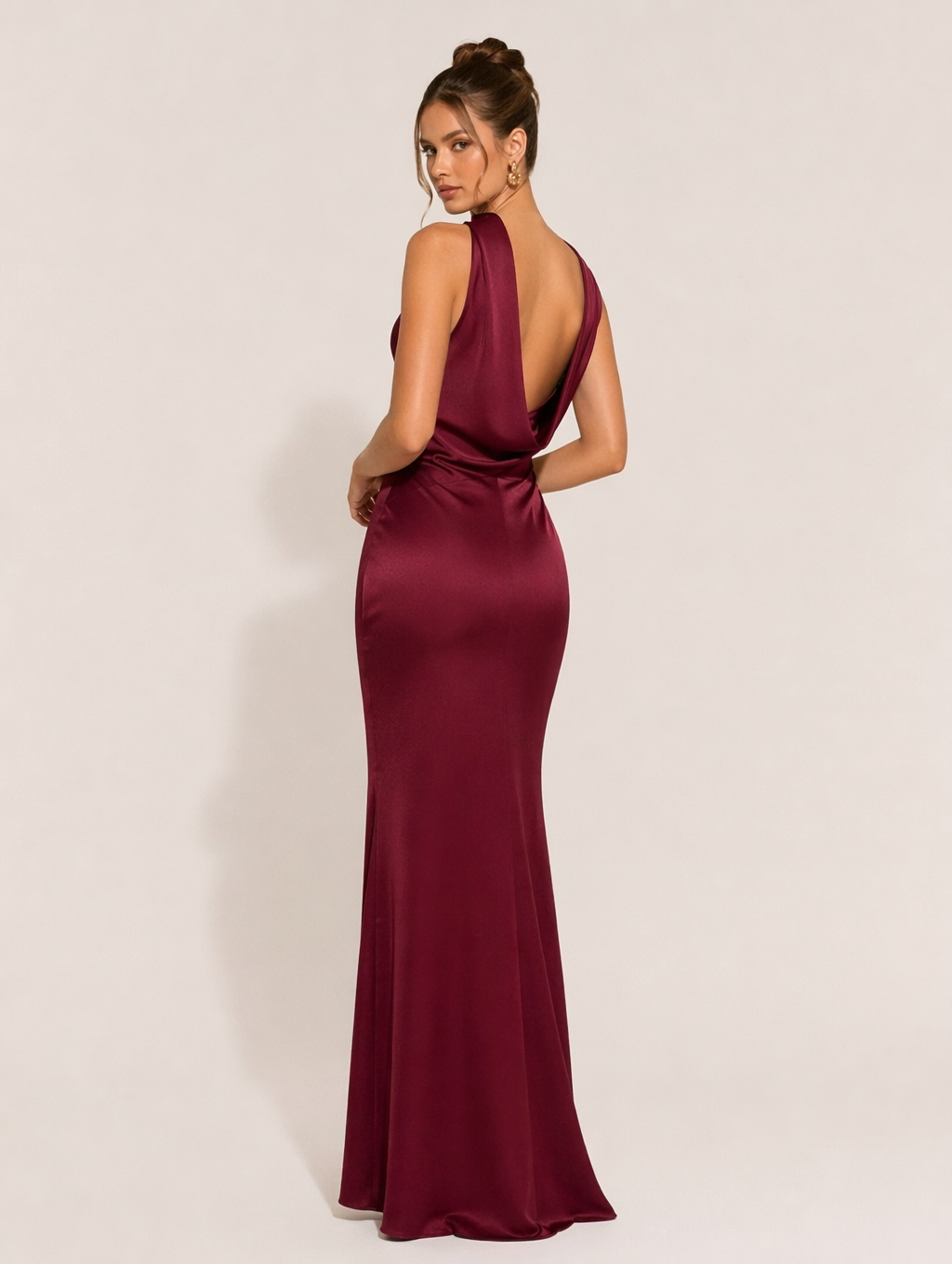 Burgundy Satin Backless Mermaid Maxi Dress
