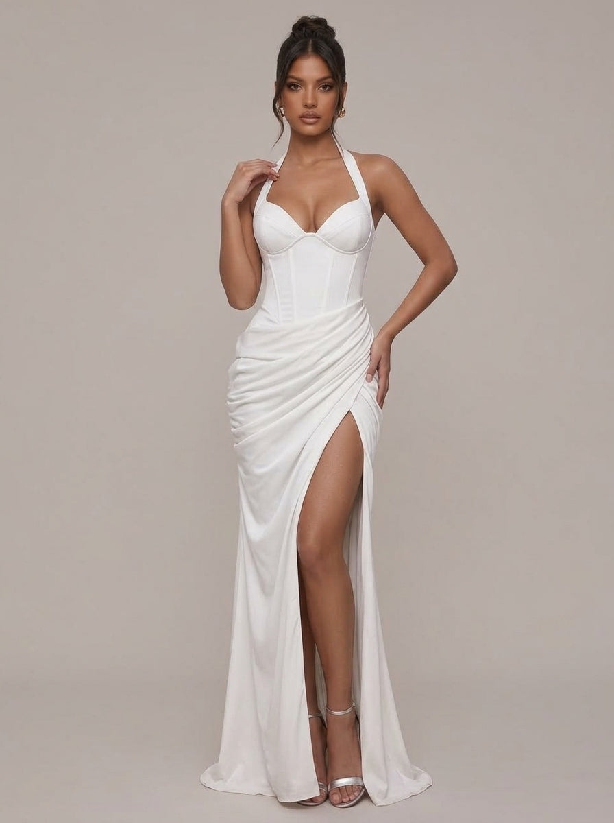 Zephrina Elaria halter draped maxi dress in white