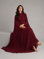 Zephrina Adelais pleated cape-sleeve maxi dress in burgundy