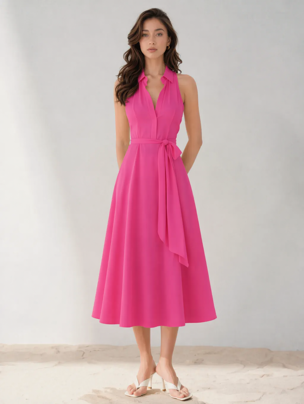 Yellow Collared Halter Tie Waist A Line Midi Shirt Dress