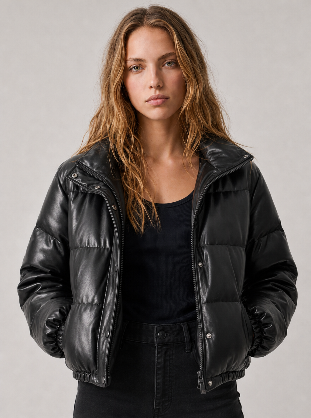 Zephrina Anneliese faux leather quilted puffer jacket in black