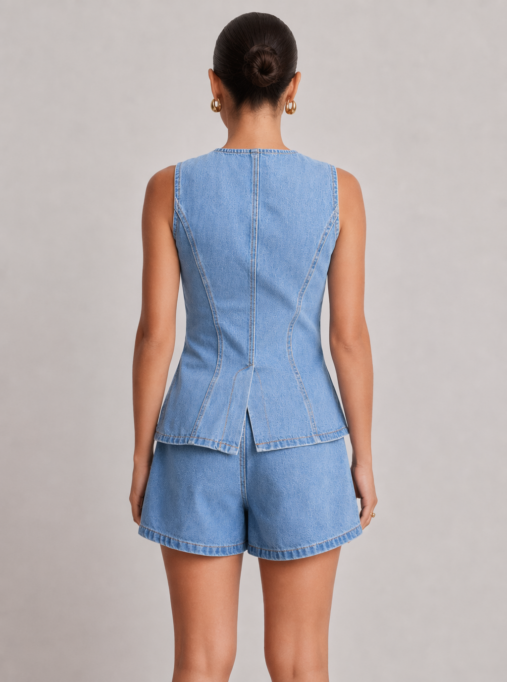 Wash Embossed Denim Vest & High Waist Short Two Piece Set