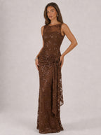 Zephrina Mireya beaded mesh maxi dress in brown