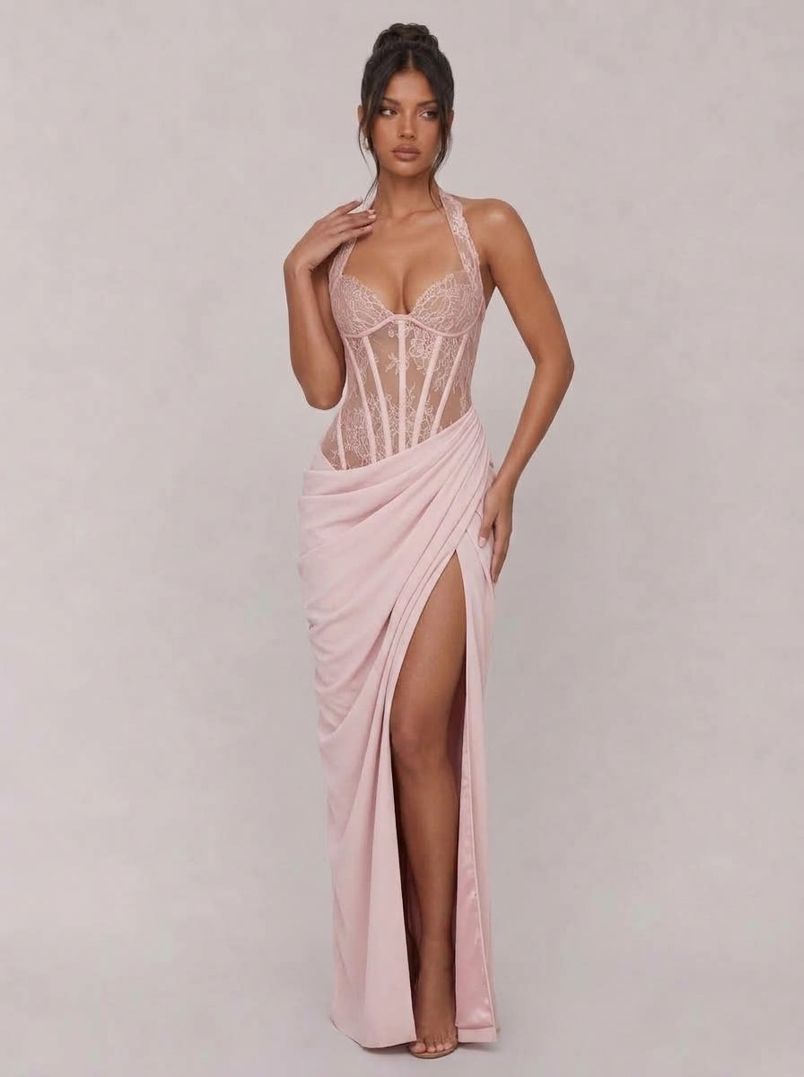 Zephrina Cressida lace corset slit maxi dress in burgundy
