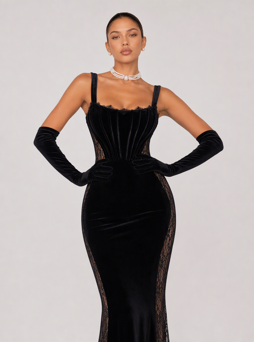 Zephrina Odile velvet lace-panel mermaid gown in black