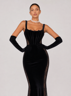 Zephrina Odile velvet lace-panel mermaid gown in black