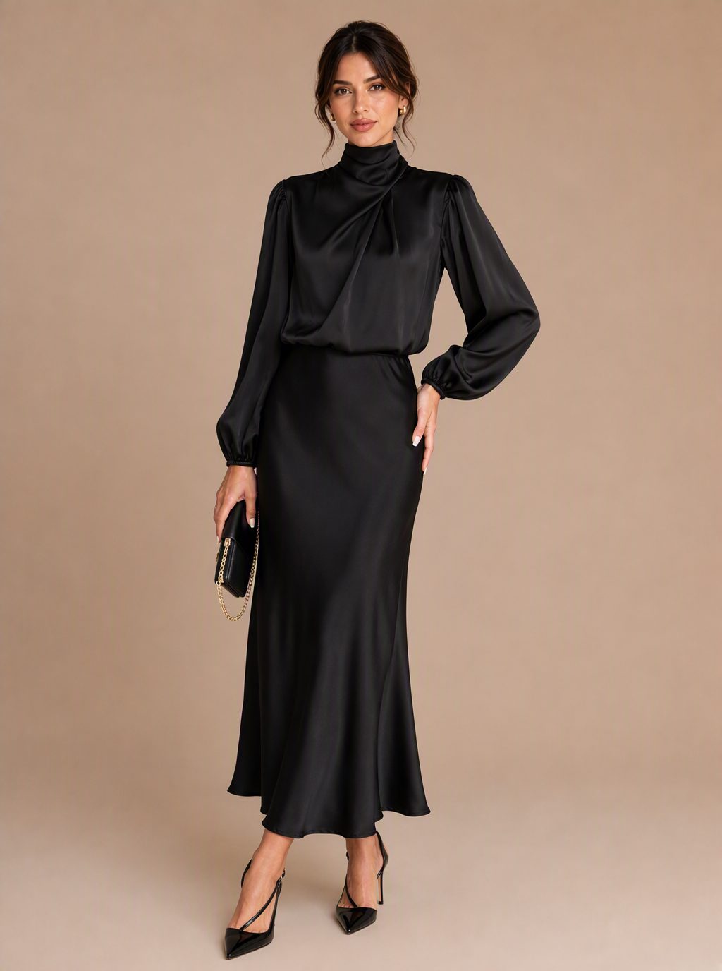 Sable Draped Satin Midi Dress