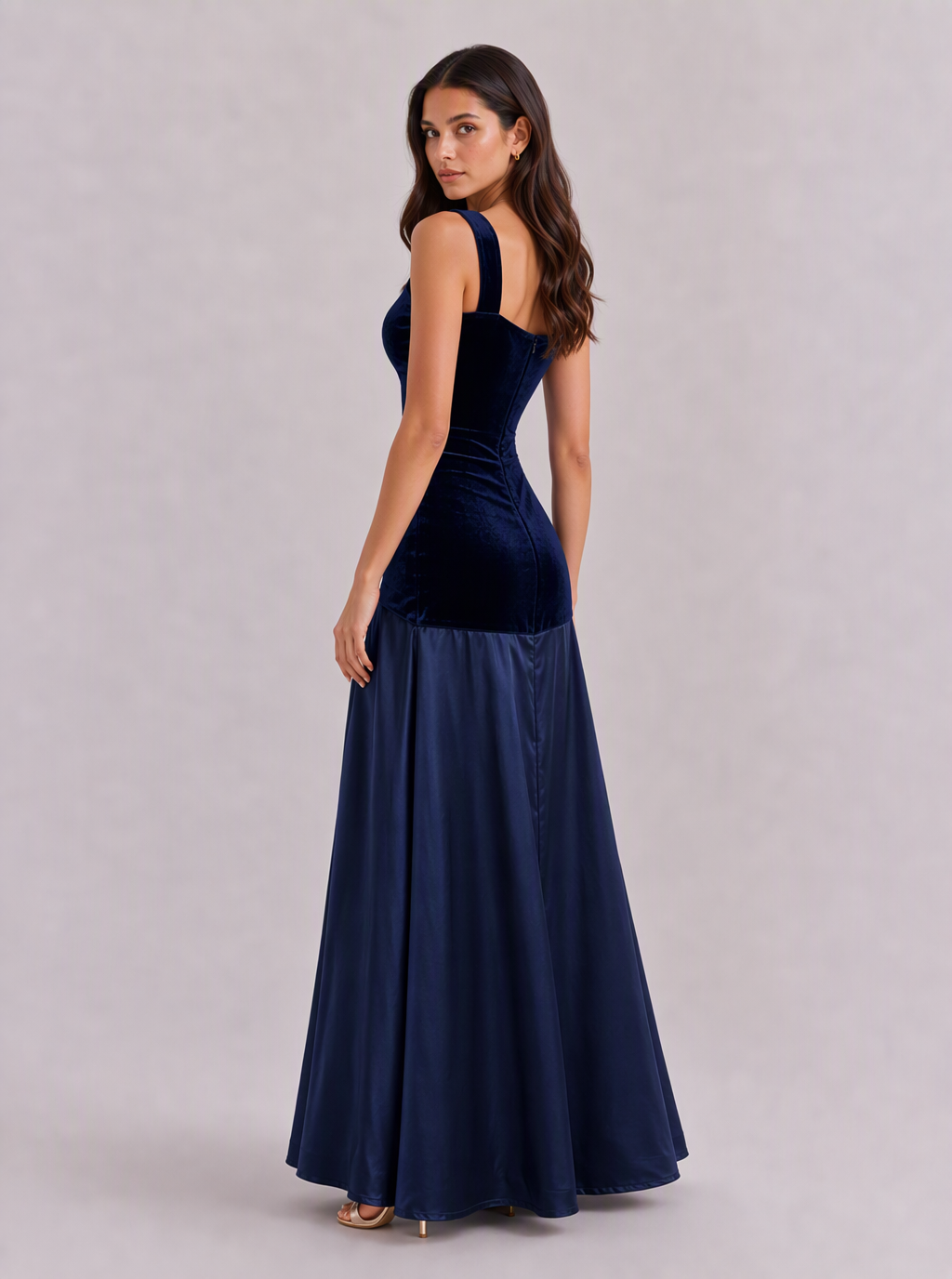 Zephrina Felicie square-neck velvet-bodice satin maxi dress in navy