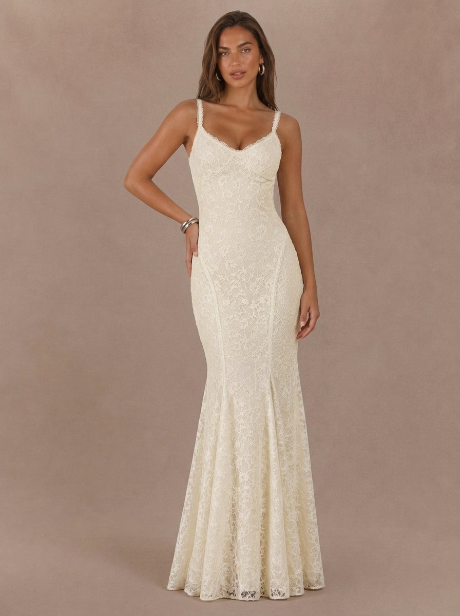 Zephrina Delphine lace-up back lace maxi dress in white