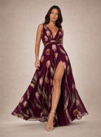 Zephrina Isaline botanical chiffon slit maxi dress in burgundy