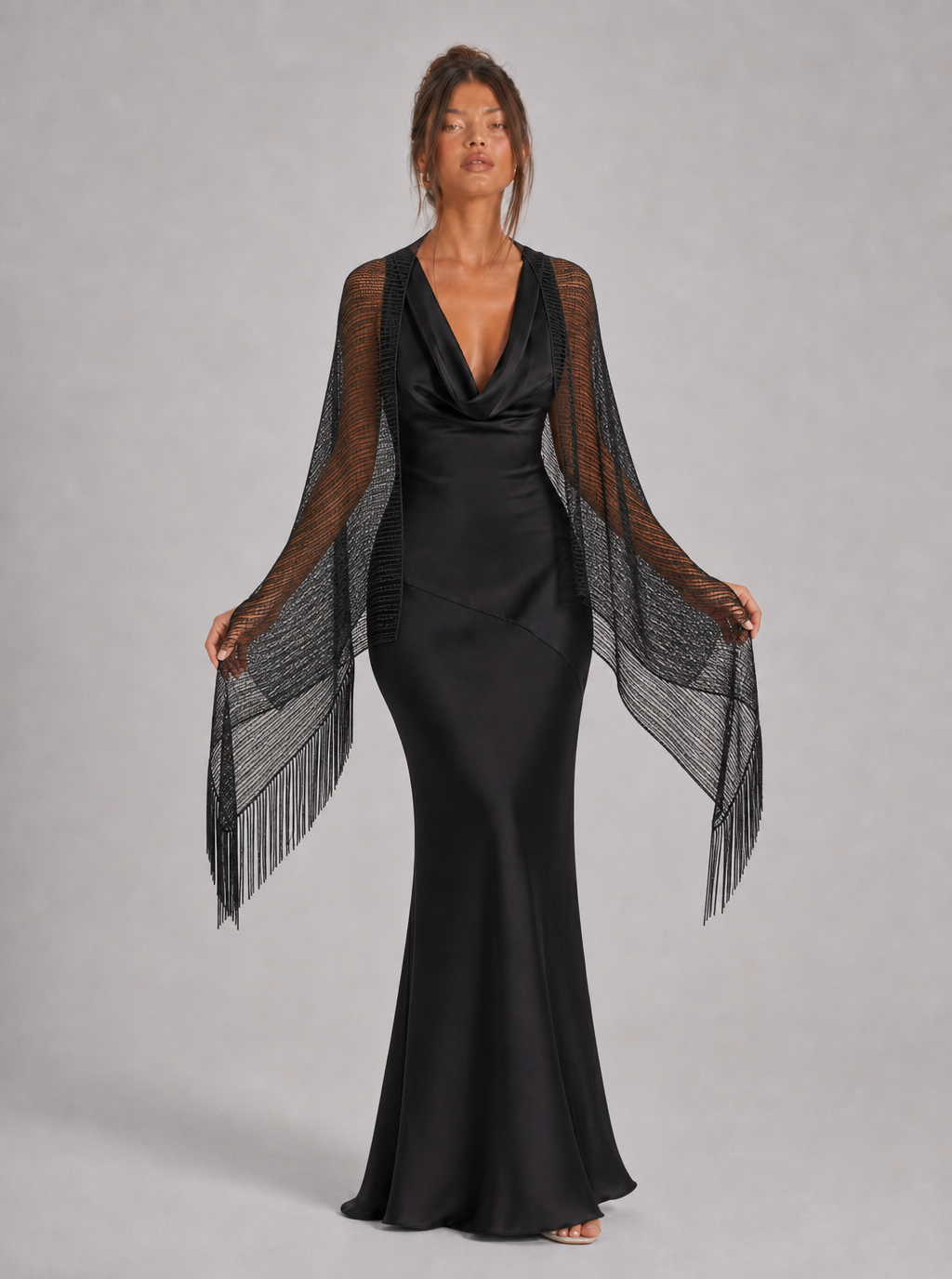 Zephrina Iolanthe long fringe shawl in black