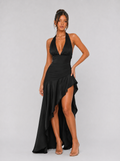 Zephrina Verena plunge halter ruffle maxi dress in black