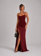 Zephrina burgundy embellished satin-look maxi dress with slim straps