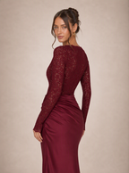 Zephrina Rosavelle lace sleeve satin maxi dress in burgundy