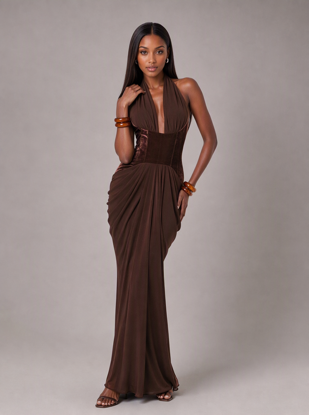 Zephrina Damaris halter draped maxi dress in light green