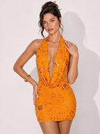 Zephrina Ione plunging sequin mini dress in orange