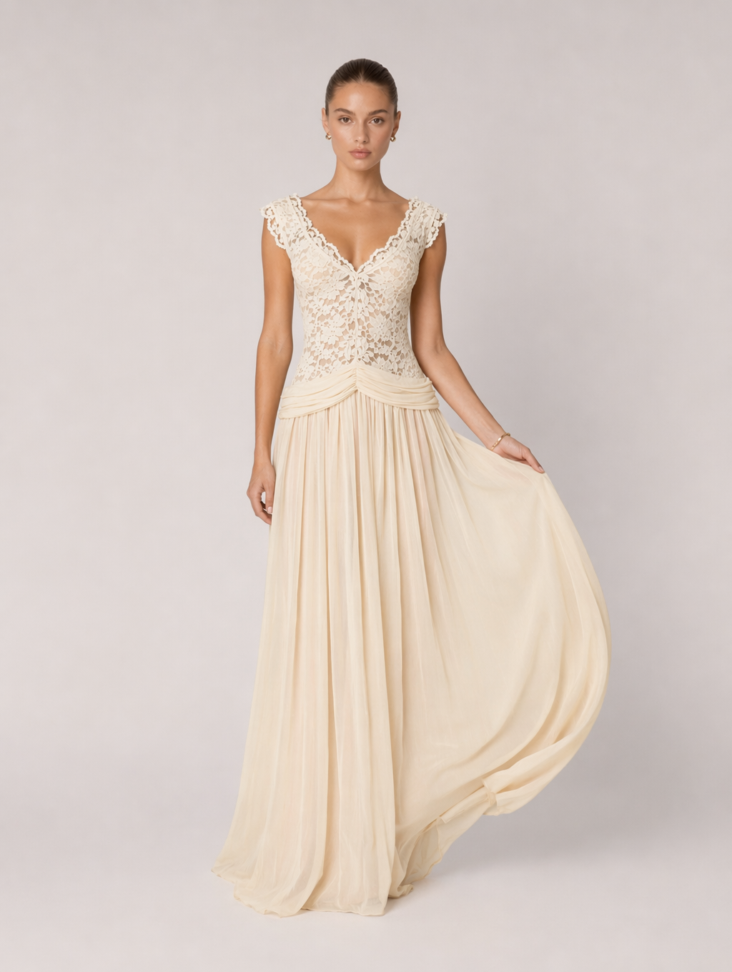 Apricot Floral Lace V-neck Maxi Dress